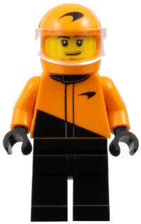 LEGO part Formula 1 Driver, McLaren - Male, Black and Orange Racing Suit, Orange Helmet, Trans-Clear Visor, Stubble cty1846