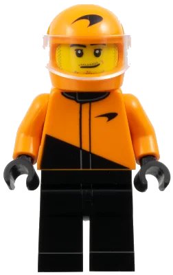LEGO onderdeel Formula 1 Driver, McLaren - Male, Black and Orange Racing Suit, Orange Helmet, Trans-Clear Visor, Stubble (cty1846)