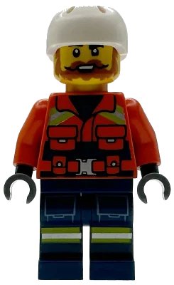 LEGO onderdeel Coast Guard City - Male, Reddish Orange Jacket with Pockets and Reflective Stripes, Dark Blue Legs with Pockets and Reflective Stripes, White Sports Helmet (cty1956)
