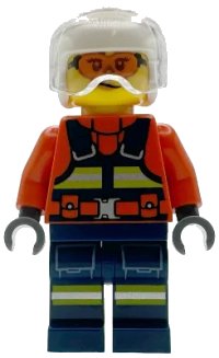 LEGO part Coast Guard City - Female, Reddish Orange Jacket with Dark Blue Safety Vest and Reflective Stripes, Dark Blue Legs with Pockets and Reflective Stripes, White Helmet, Trans-Clear Visor, Safety Glasses cty1957