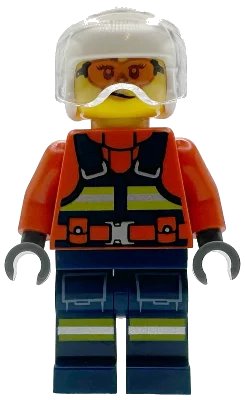 LEGO onderdeel Coast Guard City - Female, Reddish Orange Jacket with Dark Blue Safety Vest and Reflective Stripes, Dark Blue Legs with Pockets and Reflective Stripes, White Helmet, Trans-Clear Visor, Safety Glasses (cty1957)