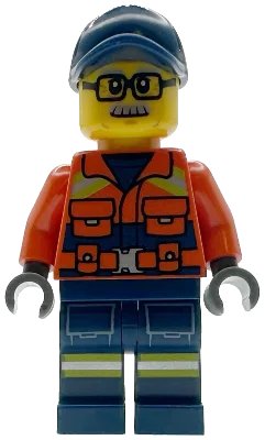 LEGO onderdeel Coast Guard City - Male, Reddish Orange Jacket with Pockets and Reflective Stripes, Dark Blue Legs with Pockets and Reflective Stripes, Dark Blue Cap, Glasses and Moustache (cty1959)