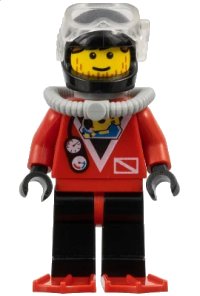 LEGO onderdeel Divers - Red Diver 2, Black Legs with Red Hips, Black Helmet, Brown Bangs, Stubble, Red Flippers div015a