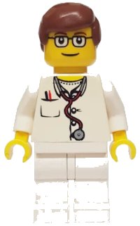 LEGO part Doctor - Lab Coat Stethoscope and Thermometer, White Legs, Reddish Brown Male Hair, Glasses doc021
