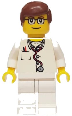 LEGO onderdeel Doctor - Lab Coat Stethoscope and Thermometer, White Legs, Reddish Brown Male Hair, Glasses (doc021)