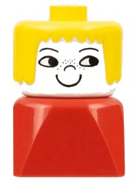 LEGO part Duplo 2 x 2 x 2 Figure Brick Early, Female on Red Base, Yellow Hair, Freckles dupfig011