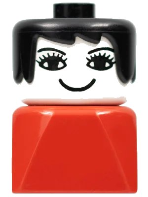 LEGO onderdeel Duplo 2 x 2 x 2 Figure Brick Early, Female on Red Base, Black Hair, Eyelashes, Nose (dupfig034)