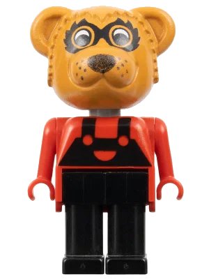 LEGO onderdeel Fabuland Bear - Ricky Raccoon, Black Legs / Overalls, Red Top, Small Eyes Mask (fab12b)