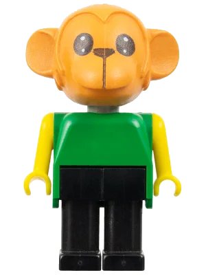 LEGO onderdeel Fabuland Monkey - Chester Chimp, Brown Head, Black Legs, Green Top, Yellow Arms (fab8d)