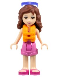 LEGO part Friends Olivia (Light Nougat) - Dark Pink Shorts, Dark Pink and White Swimsuit Top, Life Jacket, Sunglasses frnd0230