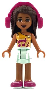 LEGO onderdeel Friends Andrea - Light Aqua Layered Skirt, Bright Light Orange Top with Winged Music Notes, Headphones frnd0249