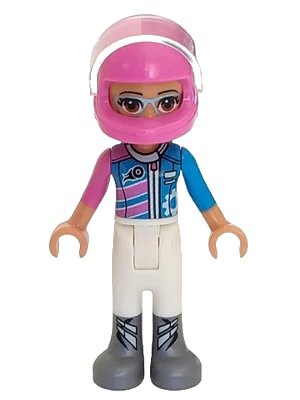 LEGO onderdeel Friends Olivia (Nougat) - White Trousers, Dark Pink and Dark Azure Racing Jacket, Dark Pink Racing Helmet with Reddish Brown Ponytail (frnd0268)