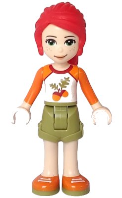 LEGO onderdeel Friends Mia - Olive Green Shorts, White Top with Orange Sleeves and Acorns (frnd0289)