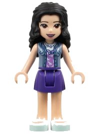 LEGO part Friends Emma - Dark Purple Skirt, Medium Lavender Top with White Birds, Sand Blue Vest frnd0294