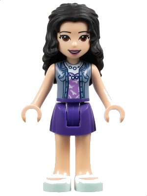 LEGO onderdeel Friends Emma - Dark Purple Skirt, Medium Lavender Top with White Birds, Sand Blue Vest (frnd0294)