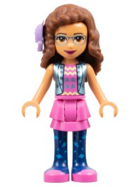 LEGO part Friends Olivia (Nougat) - Dark Pink Skirt and Dark Blue Leggings, Dark Pink Top, Blue Jacket, Bow frnd0332