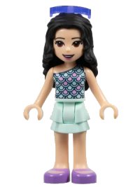 LEGO onderdeel Friends Emma - Light Aqua Layered Skirt, Light Aqua and Bright Pink Scallop Top, Sunglasses frnd0333