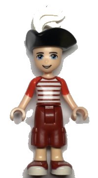 LEGO part Friends Zack - Dark Red Cropped Trousers Large Pockets, Red and White Striped Shirt, Pirate Tricorne Hat, White Plume frnd0336