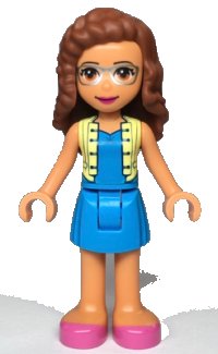LEGO part Friends Olivia (Nougat) - Dark Azure Skirt and Top with Bright Light Yellow Vest, Dark Pink Shoes frnd0351