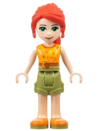 LEGO part Friends Mia - Olive Green Shorts, Orange and Bright Light Orange Top with Lightning Bolts, Orange Shoes frnd0352