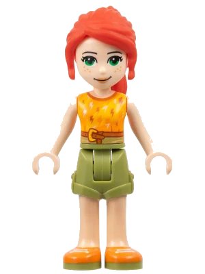 LEGO onderdeel Friends Mia - Olive Green Shorts, Orange and Bright Light Orange Top with Lightning Bolts, Orange Shoes (frnd0352)