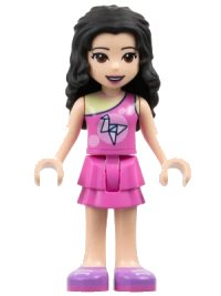 LEGO part Friends Emma - Dark Pink Top with Bright Pink Circles and White Origami Crane over Yellowish Green Tank Top, Dark Pink Layered Skirt, Medium Lavender Shoes frnd0357