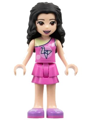 LEGO onderdeel Friends Emma - Dark Pink Top with Bright Pink Circles and White Origami Crane over Yellowish Green Tank Top, Dark Pink Layered Skirt, Medium Lavender Shoes (frnd0357)