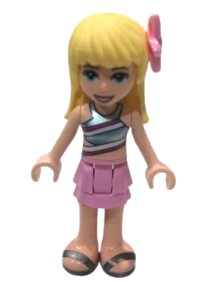 LEGO onderdeel Friends Stephanie - Bright Pink Layered Skirt, Metallic Light Blue Swimsuit Top, Pearl Dark Gray Sandals, Flower frnd0381
