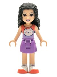 LEGO part Friends Emma - Medium Lavender Skirt, Coral and Lavender Top with Cat Head frnd0427