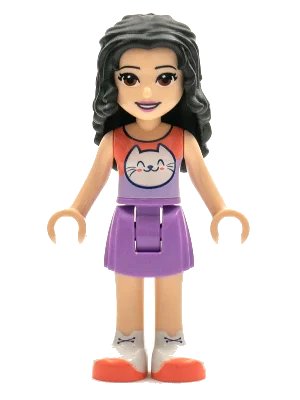 LEGO onderdeel Friends Emma - Medium Lavender Skirt, Coral and Lavender Top with Cat Head (frnd0427)