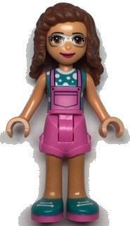LEGO part Friends Olivia (Nougat) - Dark Pink Overalls, Dark Turquoise Top frnd0496