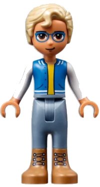 LEGO part Friends Sebastian - Medium Nougat Boots, Sand Blue Trousers, Blue Vest with Pockets, Yellow Undershirt frnd0502