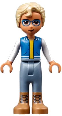 LEGO onderdeel Friends Sebastian - Medium Nougat Boots, Sand Blue Trousers, Blue Vest with Pockets, Yellow Undershirt (frnd0502)