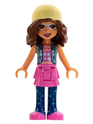 LEGO onderdeel Friends Olivia (Nougat) - Dark Pink Skirt, Dark Blue Leggings, Bright Light Yellow Knit Cap (frnd0509)