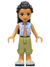 LEGO part Friends Dr. Makena - Olive Green Trousers, Tan Shoes, Bright Light Blue Vest over Coral Shirt frnd0528