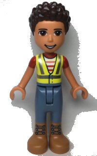 LEGO part Friends River - Neon Yellow Safety Vest, Sand Blue Trousers with Medium Nougat Boots frnd0541