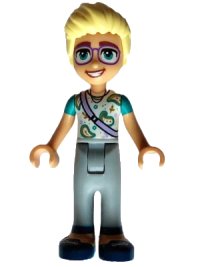 LEGO part Friends Olly - White Paisley Shirt, Lavender Shoulder Bag, Light Bluish Gray Trousers, Dark Blue Shoes frnd0588