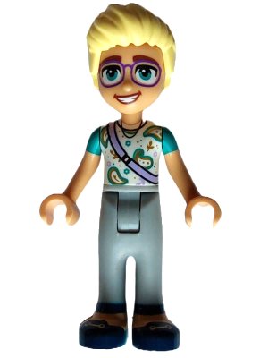 LEGO onderdeel Friends Olly - White Paisley Shirt, Lavender Shoulder Bag, Light Bluish Gray Trousers, Dark Blue Shoes (frnd0588)