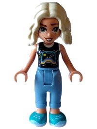 LEGO part Friends Nova - Black and White Shirt with Video Game Controller, Sand Blue Trousers with Cuffs, Dark Turquoise Shoes frnd0604
