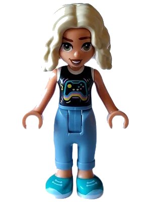 LEGO onderdeel Friends Nova - Black and White Shirt with Video Game Controller, Sand Blue Trousers with Cuffs, Dark Turquoise Shoes (frnd0604)