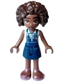 LEGO part Friends Aliya - Dark Blue Gym Slip Top over White Blouse, Dark Blue Skirt, Metallic Pink Sandals frnd0612
