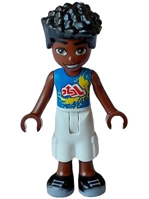 LEGO onderdeel Friends Zac - Blue Shirt with Red Symbols and Yellow Splotches, White Cropped Trousers, Black Shoes (frnd0629)