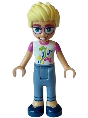 LEGO onderdeel Friends Olly - White Shirt with Dark Pink Short Sleeves, Sand Blue Trousers, Dark Blue Shoes (frnd0630)