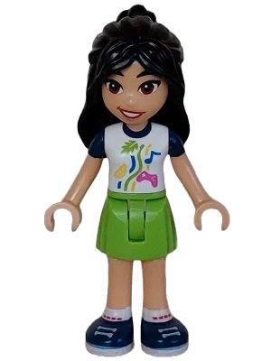 LEGO onderdeel Friends Liann - White Shirt with Dark Blue Short Sleeves, Lime Skirt, Dark Blue Shoes (frnd0631)
