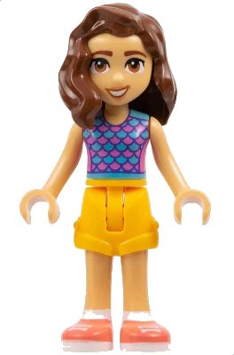 LEGO onderdeel Friends Luna - Dark Pink and Medium Azure Top with Scales, Bright Light Orange Shorts, Coral Shoes (frnd0637)