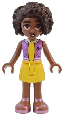 LEGO onderdeel Friends Aliya - Medium Lavender Vest, Yellow Skirt, Metallic Pink Sandals (frnd0656)