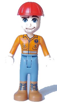 LEGO part Friends Darrel - Orange Safety Shirt, Sand Blue Legs, Medium Nougat Boots, Red Construction Helmet frnd0657