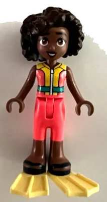 LEGO onderdeel Friends Aliya - Coral and Yellow Sleeveless Wetsuit, Dark Turquoise Belt, Dark Blue Sandals, Bright Light Yellow Flippers (frnd0660)