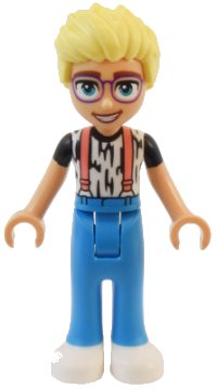 LEGO part Friends Olly - White Shirt with Black Stripes, Coral Suspenders, Dark Azure Trousers, White Shoes frnd0716