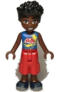 LEGO part Friends Zac - Blue Shirt with Red Symbols and Yellow Splotches, Red Cropped Trousers, Dark Blue Shoes frnd0725